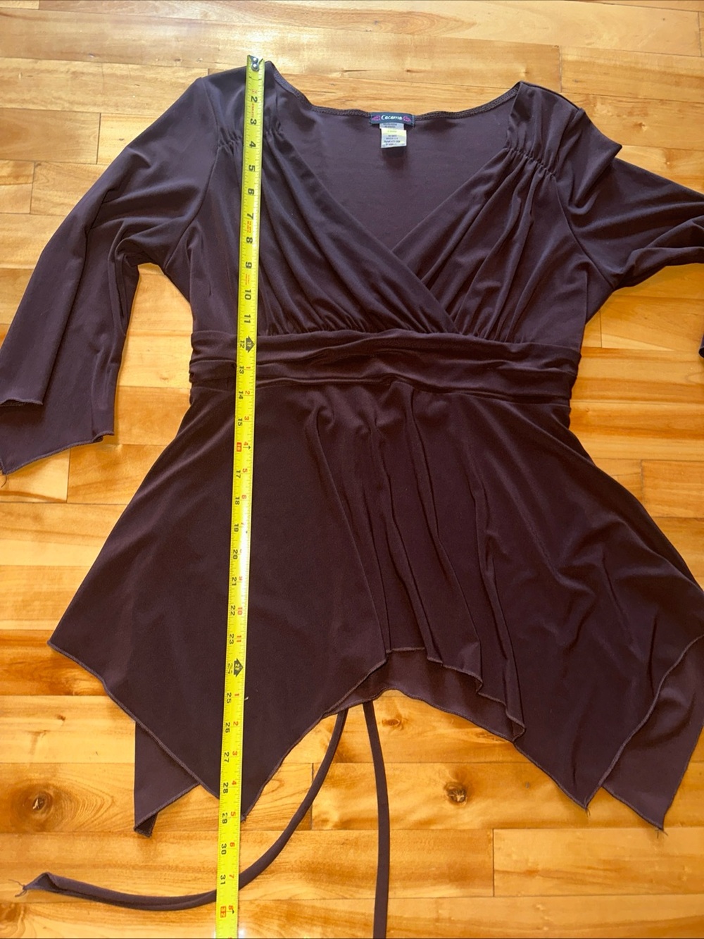 Y2K Cocomo Faux Wrap Tunic Top Brown Handkerchief Hem Tie Waist Women’s L - Picture 8 of 9